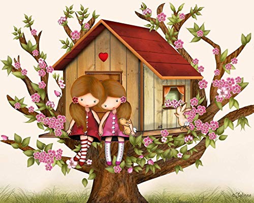 Tree House Girls Wall Art Decoration Canvas Print Personalized Text Kids Bedroom Picture Custom Hair and Skin Color Ready to hang as is