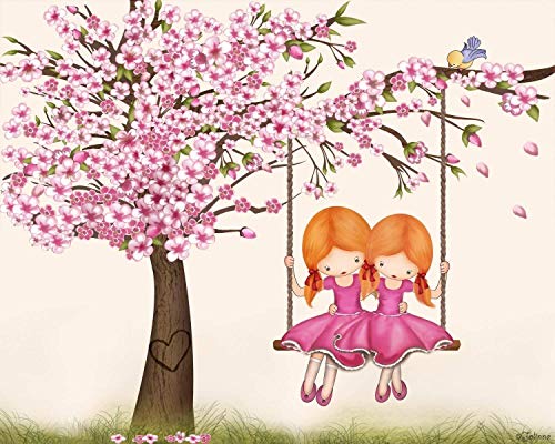 Cherry Blossom Tree Girls Wall Art Decoration Canvas Print Sisters Bedroom Personalized Text Picture Custom Hair and Skin Color Ready to hang as is