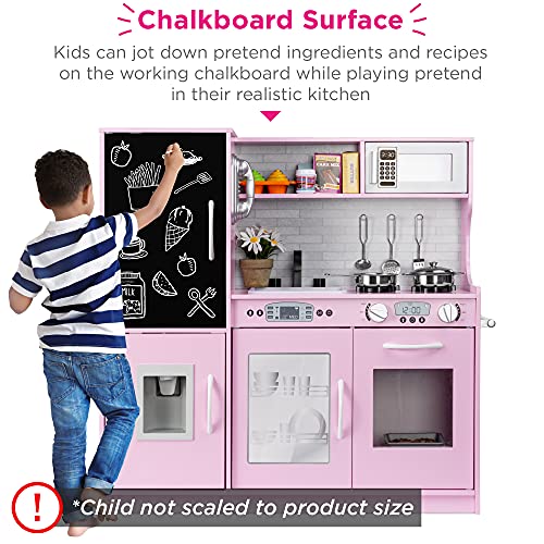 Best Choice Products Pretend Play Kitchen Wooden Toy Set for Kids w/ Telephone, Utensils, Oven, Microwave - Pink