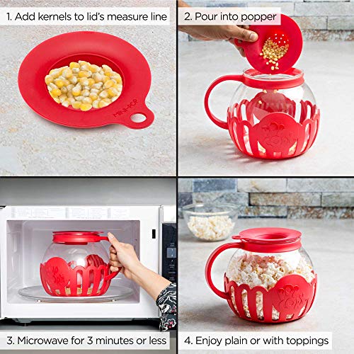 Ecolution Micro Pop 3 Quart Glass Silicone Microwave Popcorn Popper Red New