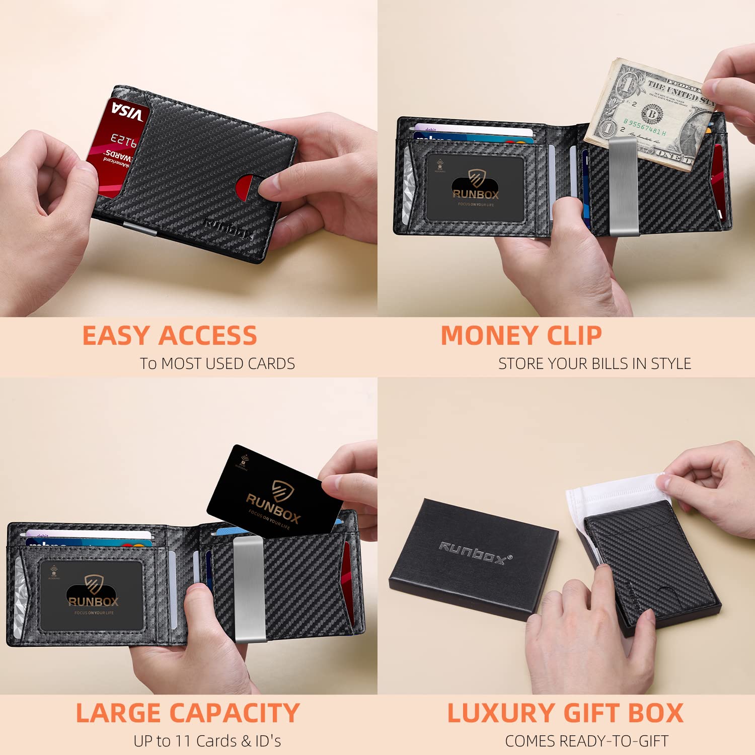 RUNBOX Mens Slim Wallet with Money Clip RFID Blocking Front Pocket Bifold Minimalist Credit Card Holder for Men with Gift Box Carbon Black