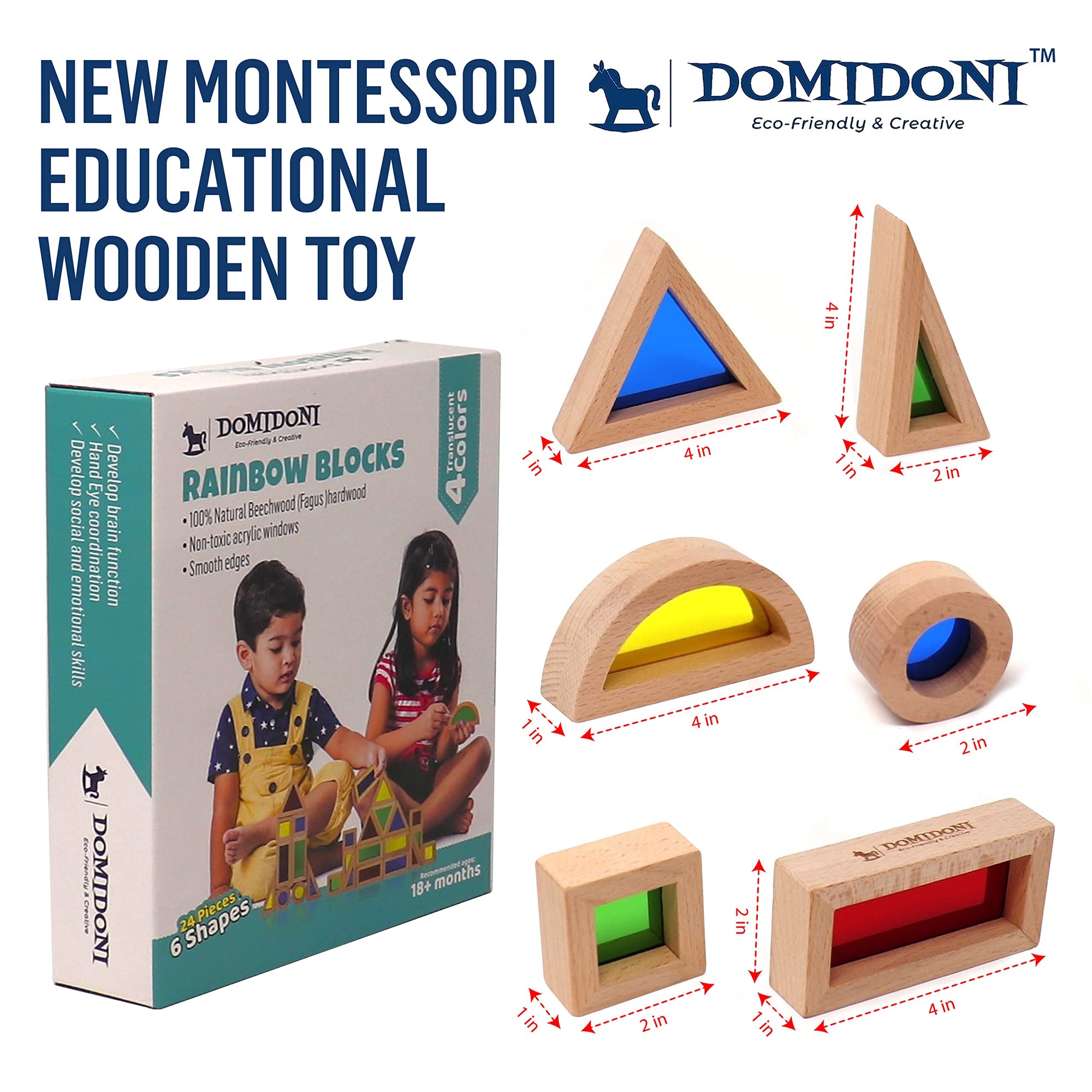DomiDoni Montessori Toys Wood Building Blocks Set - Wooden Stacking Blocks for Toddlers Boys and Girls - Preschool Wooden Toys Gifts for Kids