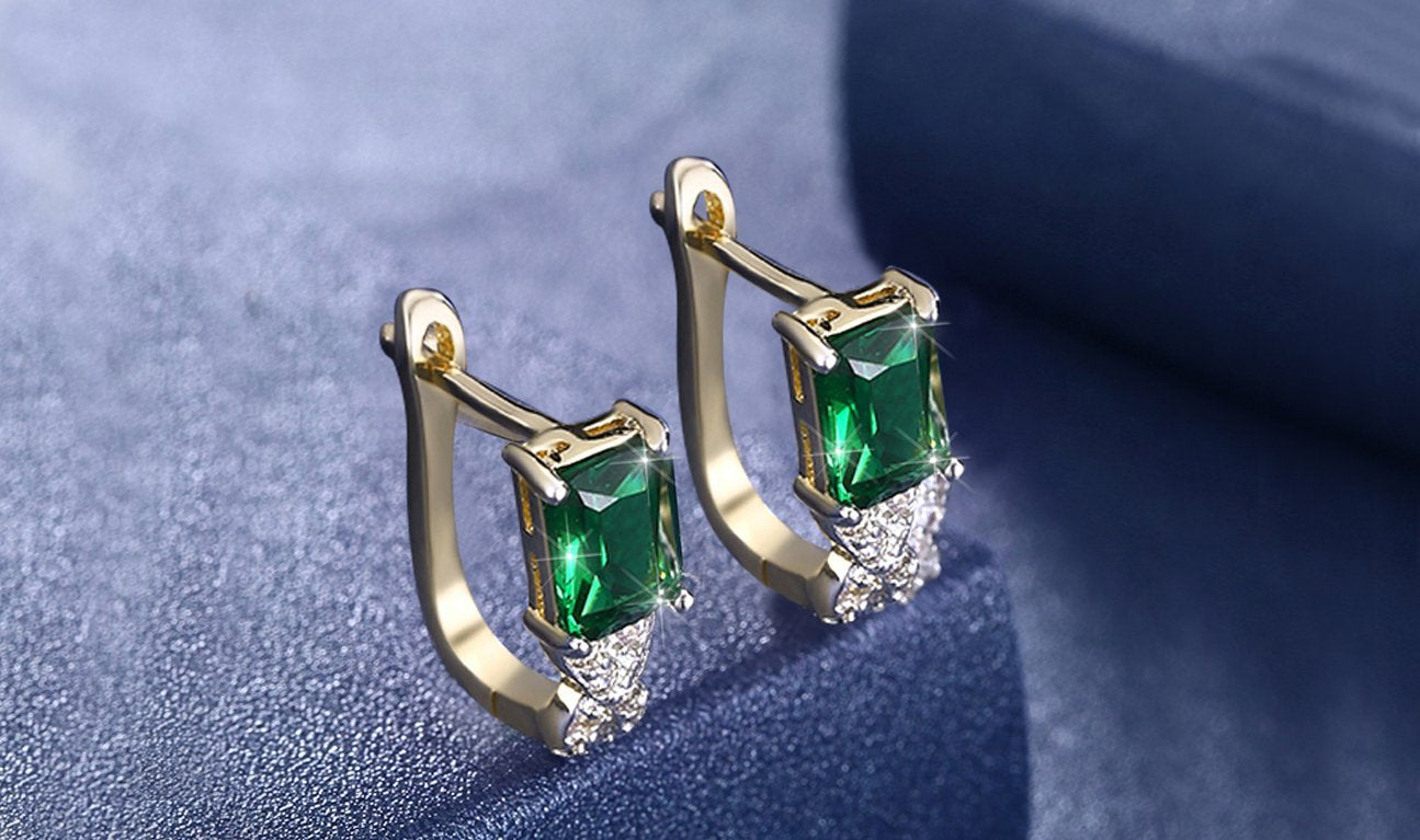 14K Gold Plating Emerald Cut Green Elements Twisted Pav'e Lever back Earrings ITALY Made
